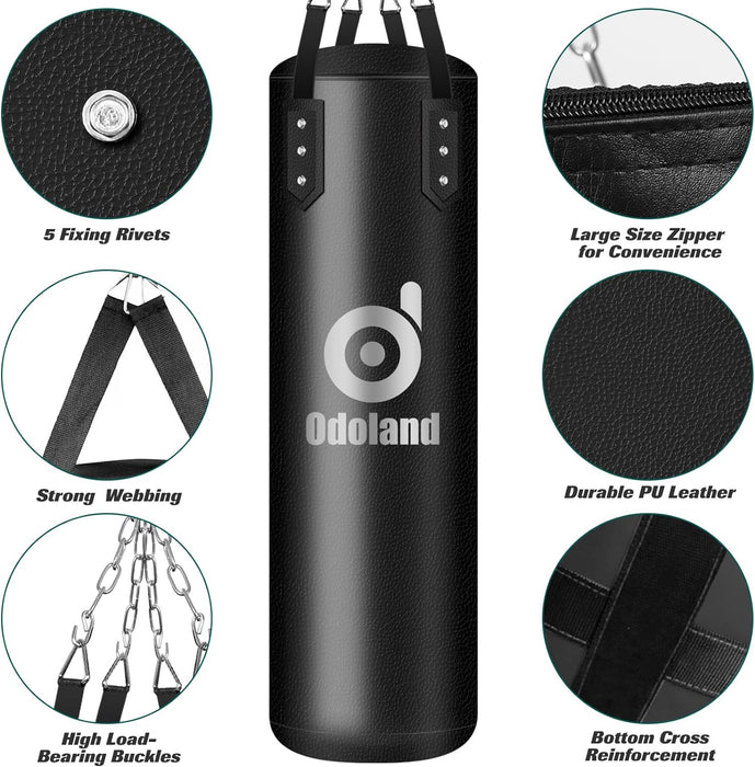 Odoland 4FT Punching Bag Unfilled Set for Adult Men and Women, Kick Heavy Boxing Bag with 12OZ Boxing Punching Gloves, Hand Wraps, 3 Reflex Ball Set, Jumping Rope MMA, Muay Thai