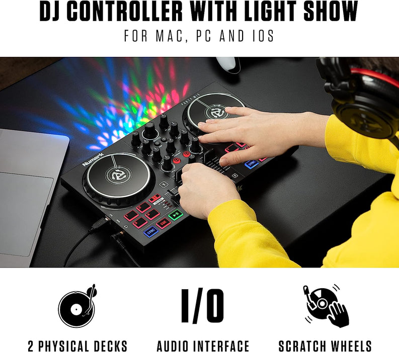 Numark Party Mix II - DJ Controller with Party Lights, DJ Set with 2 Decks, DJ Mixer, Audio Interface and USB Connectivity + Serato DJ Lite