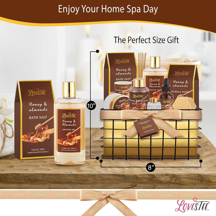 Spa Gift Baskets For Women, Honey Almond Bath and Body Set, Christmas,Birthday Gift- Shower Gel, Bubble Bath, Body Butter, Bath Salt, Body Oil, Candle, Bath Caviar, Soap, Home Diffuser, Scrubber