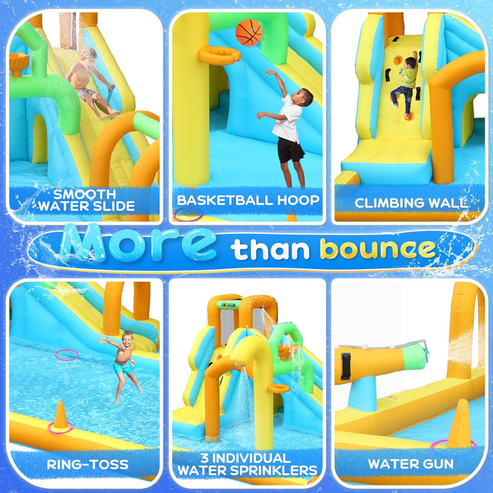 JOYMOR 10-in-1 Inflatable Water Slide w/Water Bucket, Climbing Wall, Tunnel, Water Cannon, Basketball Hoop, Kids Water Slide for Kids 3-10, Backyard Blow Up Water Slide (450w Air Blower)