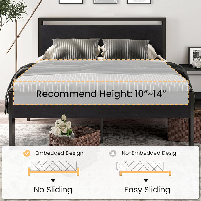 SHA CERLIN 14 Inch Full Size Metal Platform Bed Frame with Wooden Headboard and Footboard, Mattress Foundation, No Box Spring Needed, Large Under Bed Storage, Non-Slip Without Noise, Black Oak