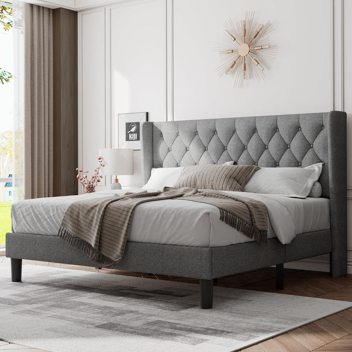 Feonase King Size Bed Frame with Wingback, Upholstered Platform Bed with Diamond Tufted Headboard, Heavy Duty Bed Frame, Wood Slat, Easy Assembly,...