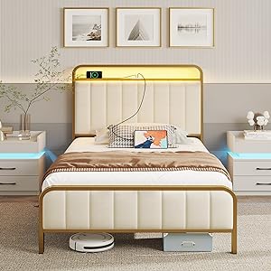 Rolanstar Twin Size Bed Frame with LED Light and Charging Station, Upholstered Headboard and Footboard, Metal Slat, Noise Free, Easy Assembly, Golden