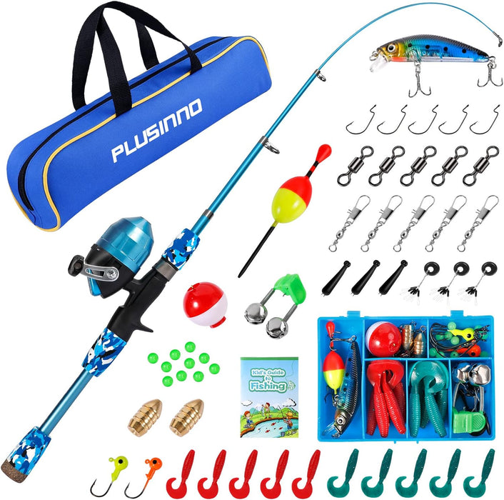 PLUSINNO Kids Fishing Pole with Spincast Reel Telescopic Fishing Rod Combo Full Kits for Boys, Girls, and Adults