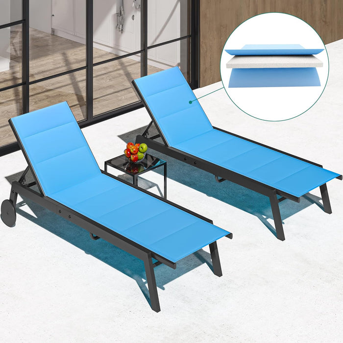 YITAHOME Outdoor Chaise Lounge Chairs Set of 3, Aluminum Pool Loungers with Side Table, 5-Position Adjustable Backrest,Padded Fabric, and Wheels for Pool...