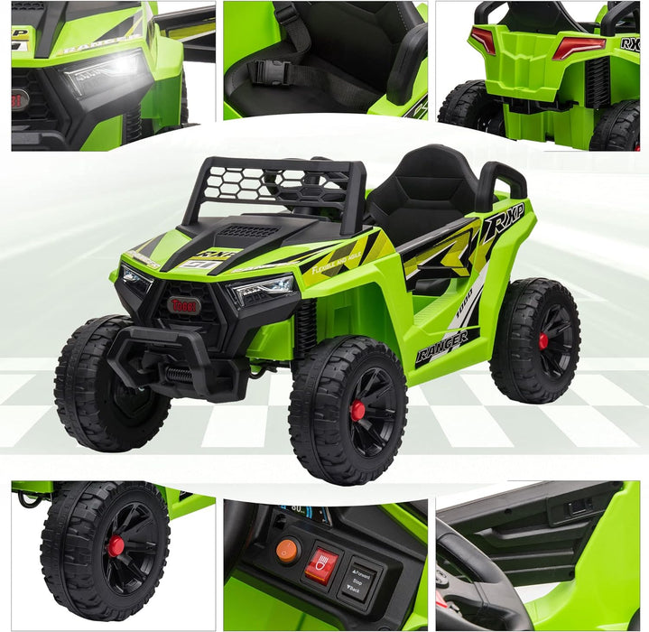 TOBBI 12V Kids Ride on Car, Electric Off-Road UTV Truck with Forward and Reverse Functions, Double Open Doors, Safety Belt, Horn, Music, and Lights for Kids Aged 3-5 Years (Fluorescent Green)