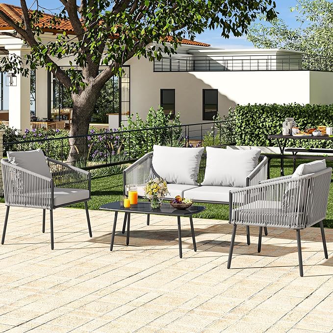 YITAHOME 4-Piece Patio Furniture Outdoor Bistro Set, All Weather Double Gray Rope Conversation Loveseat for Backyard, Balcony, Deck with Soft Cushions and Metal Table (Gray)