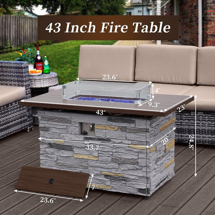 PIZZELLO 43" Propane Fire Pit Table Outdoor Rectangular Stone Firepit Table 50000 Btu Propane