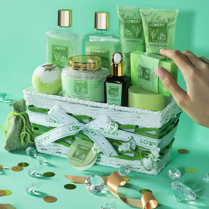 Mothers Day Gifts from Daughter, Gifts for Mothers Day, Tea Tree Bath Home Spa Set with Calming Mint Fragrance, 15pc Relaxation Gift Basket with Bath Oil, Shower Gel, Bubble Bath, Handmade Soap & More