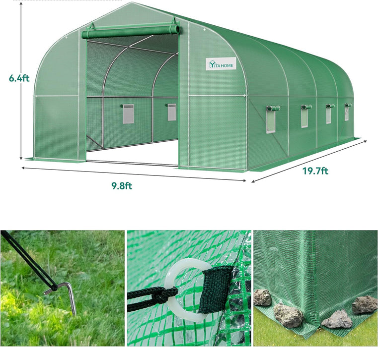 YITAHOME 20x10x6.5ft Greenhouse Large Heavy DutyOutdoor Greenhouses Walk in Tunnel Green House Portable Plant Gardening Upgraded Galvanized Steel Frame Ropes Zipper Doors 7 Crossbars Garden, Green