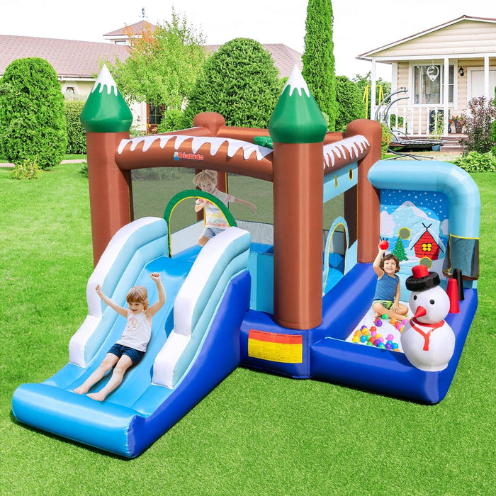 OLAKIDS Inflatable Bounce House, Christmas Snowman Theme Kids Jumping Castle with Slide Ball Pit Basketball Rim, Indoor Outdoor Inflatable Obstacle Course with 680W Blower Carry Bag