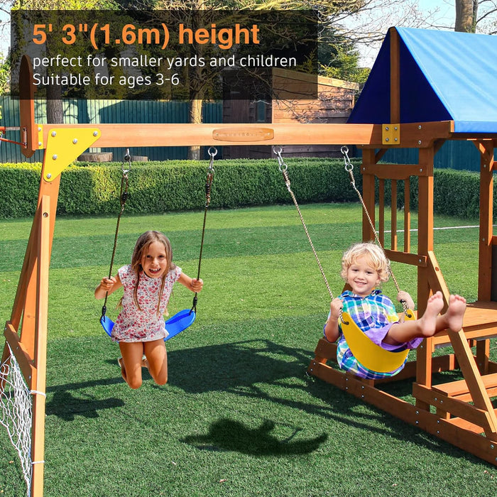 Wooden Swing Set/Playset Made for Small Yards and Kids Toddlers Age 3-6, 6-in-1 Playground Set with Picnic Table Drawing Board Sandboxes Basketball Hoop Soccer Net