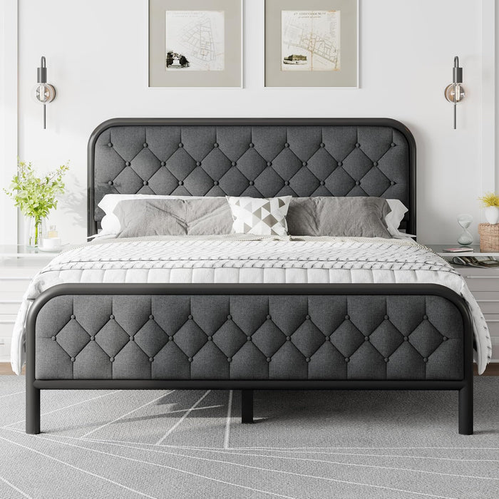 Feonase Full Size Bed Frame, Upholstered Metal Bed Frame with Liene Tufted Headboard, Heavy Duty Metal Slats, 12" Storage Space, No Box Spring Needed, Easy Assembly, Linen Gray