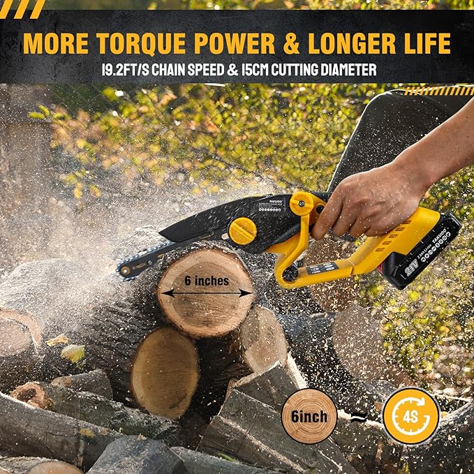 6 Inch mini Chainsaw Cordless, Electric Chain Saw, Handheld Mini Chainsaw, Battery Powered Cordless Saw, Pruning Saw, branch cutter, with 2 batteries + Automatic chain adjustment knob