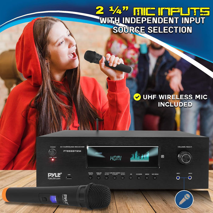 Pyle 1000W Bluetooth Home Theater Karaoke Receiver - 5.2-Ch Stereo Amplifier 2 UHF Wireless Microphone Video Pass-Through Supports, MP3/USB/HDMI/AM/FM Radio - Pyle PT888BTWM , Black