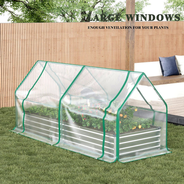 8x2x1FT Galvanized Raised Garden Bed with Greenhouse, Bottomless Flower Bed with Clear Cover, Outdoor Planter Box Kit with Dual 2-Tier Roll-Up Windows, Easy Venting & Watering