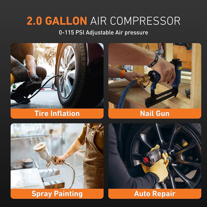 2 Gallon Air Compressor, 1.8 SCFM@90 PSI Air Compressor Portable, 1.1 HP Oil-Free Small Air Compressor Max 150 PSI, 70 dB Quiet Air Compressor for Shop, Garage, Car, Pneumatic Tools