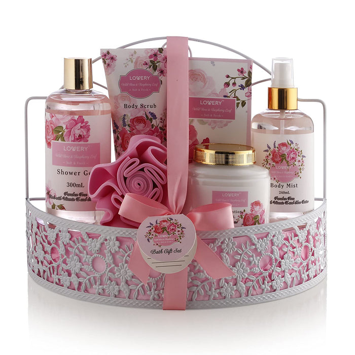 Mothers Day Gifts Home Spa Gift Basket - Wild Rose & Raspberry Leaf Scent - 7pc Bath & Body Set
