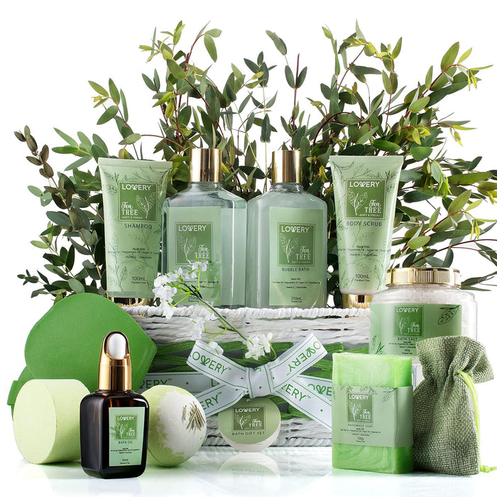 Mothers Day Gifts from Daughter, Gifts for Mothers Day, Tea Tree Bath Home Spa Set with Calming Mint Fragrance, 15pc Relaxation Gift Basket with Bath Oil, Shower Gel, Bubble Bath, Handmade Soap & More