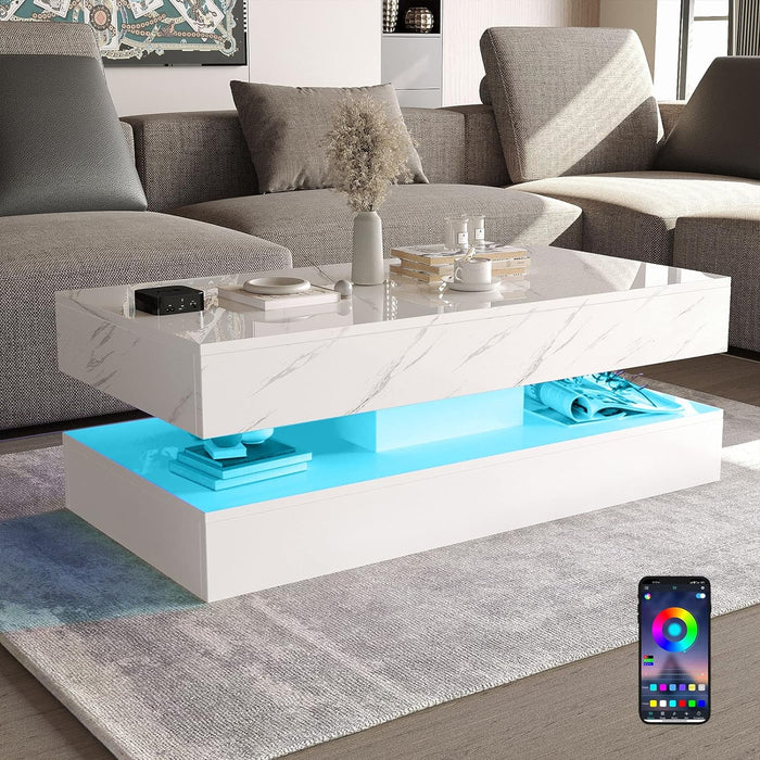 LED Coffee Table with 2 Storage Drawers, Modern High Gloss White Coffee Table w/20 Colors LED Lights, 2 Tiers Rectangle Center Table for Living Room with Marbling Print, APP Control, White
