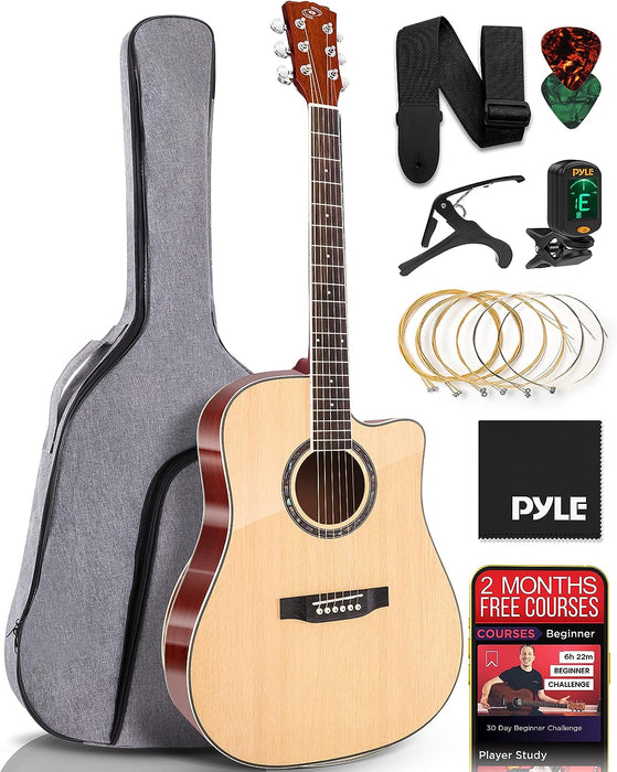 Pyle Full Size Acoustic Guitar Kit, Steel String Dreadnought Cutaway with Okoume Neck, Upgraded Gig Bag, Capo, Digital Tuner, 41" Glossy Natural