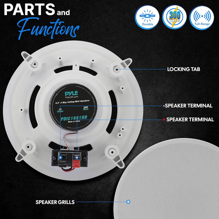 Pyle Pair 200-Watts 6.5 Inch Flush Mount 2-Way Home Speaker System with Spring Loaded Quick Connections and Dual Polypropylene Cone, White