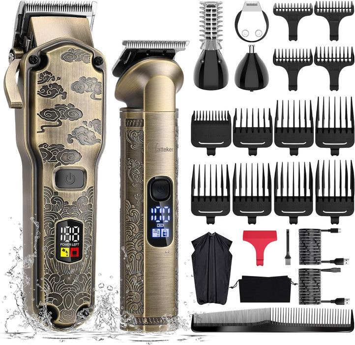 Hatteker Professional Hair Clippers for Men Beard Trimmer Clippers and Trimmer Set Waterproof T-Blade Trimmer Cordless Grooming Kit Nose Body Hair Trimmer Barber Clippers Hair Cutting Kit