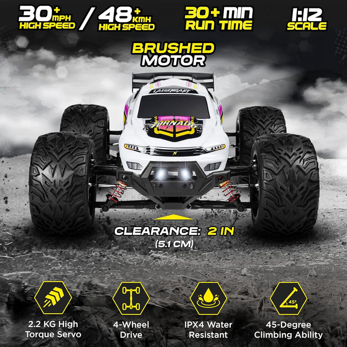 1:12 Scale Large RC Cars 48+ kmh Speed - Remote Control Car 4x4 Off Road Monster Truck Electric - All Terrain Waterproof Trucks for Adults - 2 Batteries + Connector for 30+ Min Play