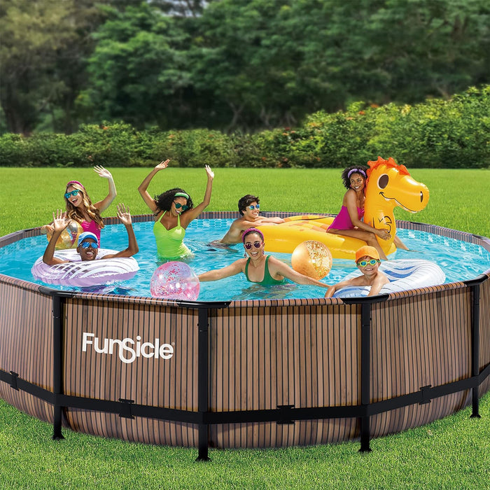 Funsicle 14 Foot x 42 Inch Oasis Designer Outdoor Round Above Ground Swimming Pool with SkimmerPlus Filter Pump, Ladder, and Pool Cover, Natural Teak