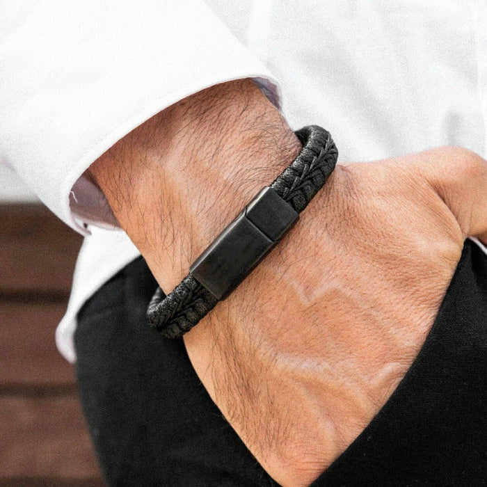 Black Men's Braided Leather Stainless Steel Cuff Bangle Bracelet Wristband