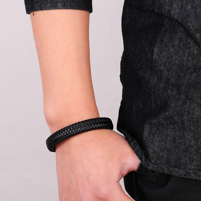 Black Men's Braided Leather Stainless Steel Cuff Bangle Bracelet Wristband