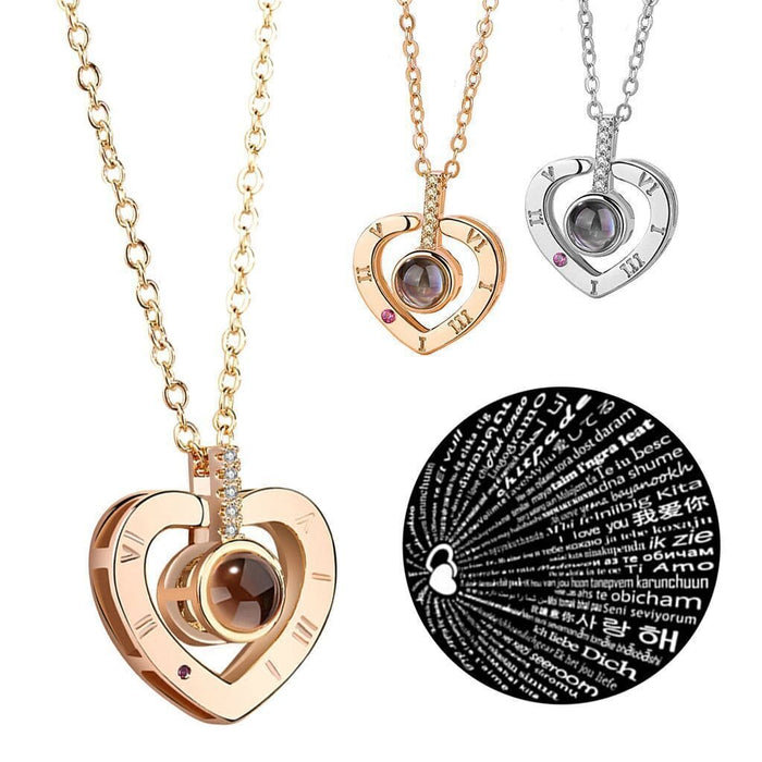 Love You in 100 languages Pendant Heart light Necklace Two Color Gold