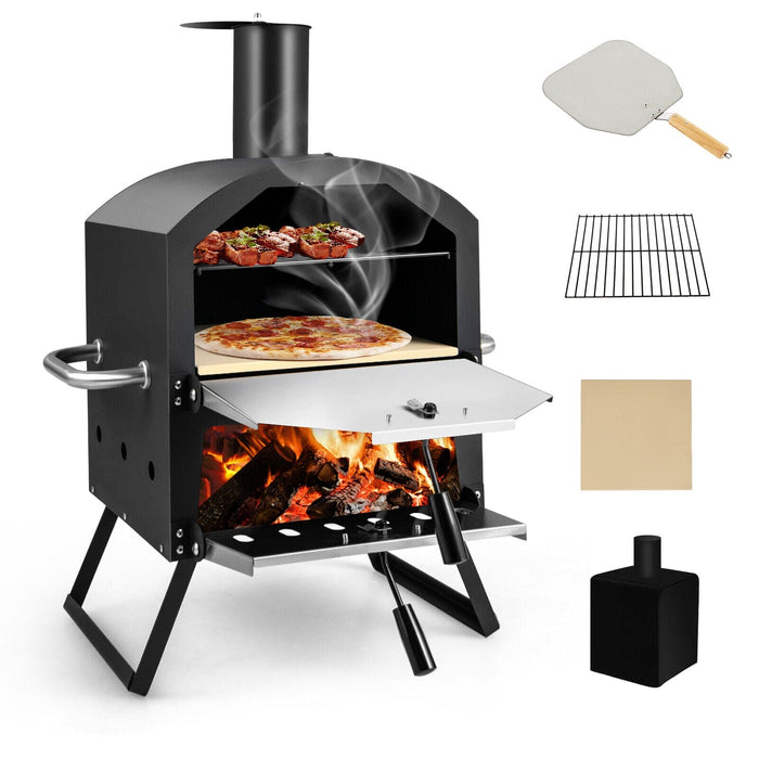 2-Layer Pizza Oven Wood Fired Pizza Grill Outside Pizza Maker w/Waterproof Cover