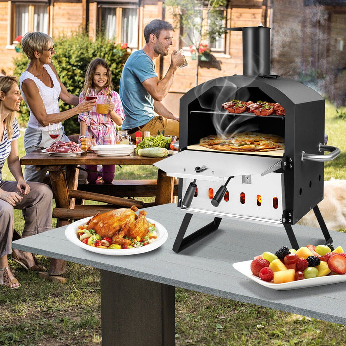 2-Layer Pizza Oven Wood Fired Pizza Grill Outside Pizza Maker w/Waterproof Cover