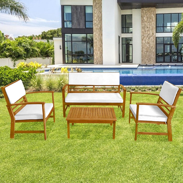 4PCS Wood Patio Furniture Set Outdoor Bistro Conversation Set w/Cushions & Table