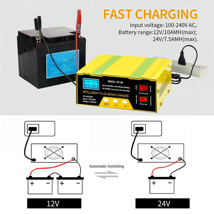 Car Battery Charger Heavy Duty 12V/24V Smart Automatic Intelligent Pulse Repair