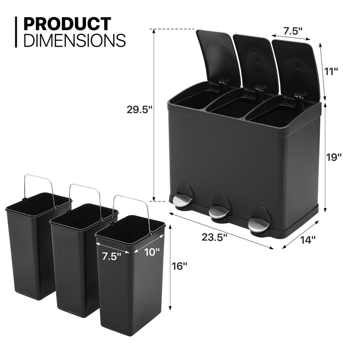 3 Compartment Step On Trash Can Kitchen Garbage Recycling Bin 40L Steel Dustbin