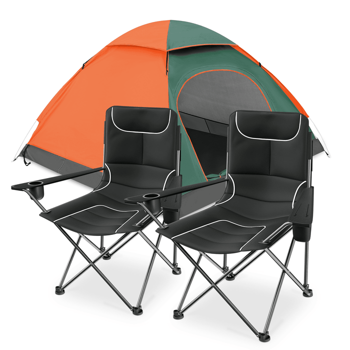 [2 CHAIRS w/BUILT IN COOLER BAG+2 PERSONS DOME TENT]Foldable Outdoor Camping Set