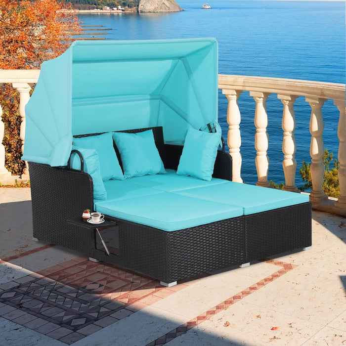 Patio Rattan Daybed Lounge Retractable Top Canopy Side Table Turquoise Cushions