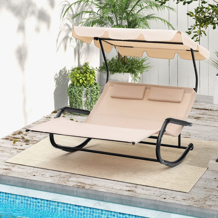 Outdoor 2-Person Double Rocking Chaise Lounge w/ Wheels Metal Frame & Canopy