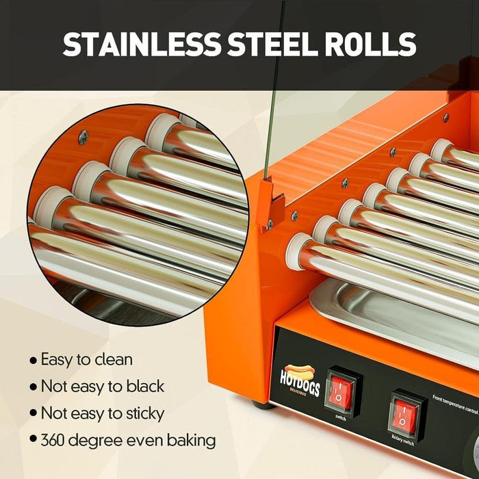 Commercial Electric 7 Roller 18 Hot Dog Grill Cooker Machine Stainless w/ Cover