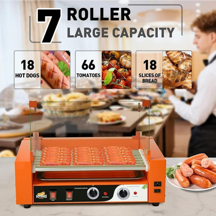 Commercial Electric 7 Roller 18 Hot Dog Grill Cooker Machine Stainless w/ Cover