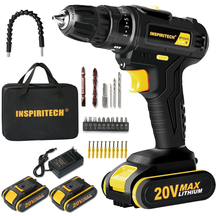 20Volt drill 2 Speed Electric Cordless Drill/Driver with Bits Set & 2 Batteries