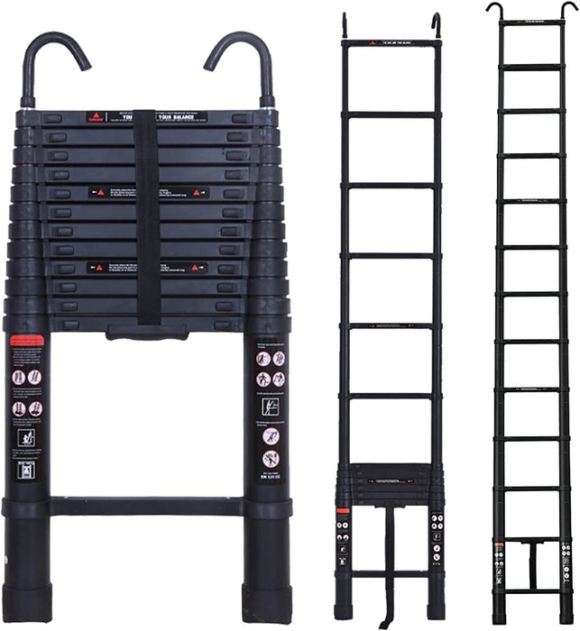 3.8M/12.5FT Aluminum Telescopic Ladder with 2 Detachable Hooks Max Load 150kg