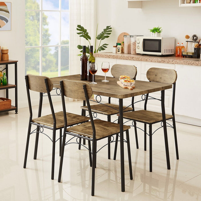 5-Piece Dining Table Set Wood Metal Table & 4 Chairs Kitchen Breakfast Furniture