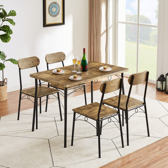 5-Piece Dining Table Set Wood Metal Table & 4 Chairs Kitchen Breakfast Furniture