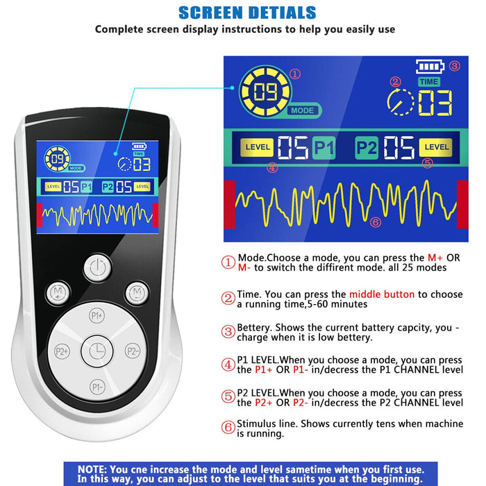 TENS Unit with Pads EMS Pulse Massager Therapy Pain Relief 25 Modes 50 Intensity