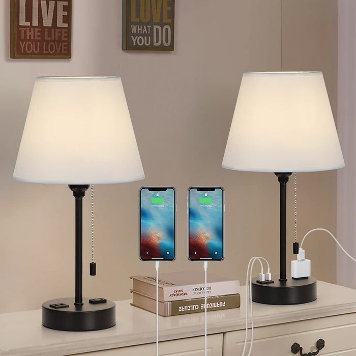 Set of 2 Table Lamps Modern Bedroom Nightstand Desk Lamp w/2 USB Charging Ports