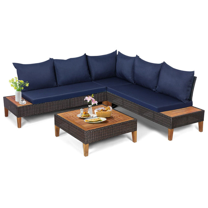 4PCS Patio Rattan Furniture Set Cushioned Loveseat w/Wooden Side Table Navy