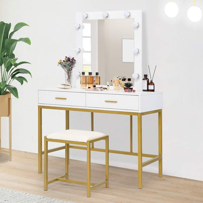 Vanity Table Set with LED Mirror and Stool 9 Lights for Women Bedroom Makeup